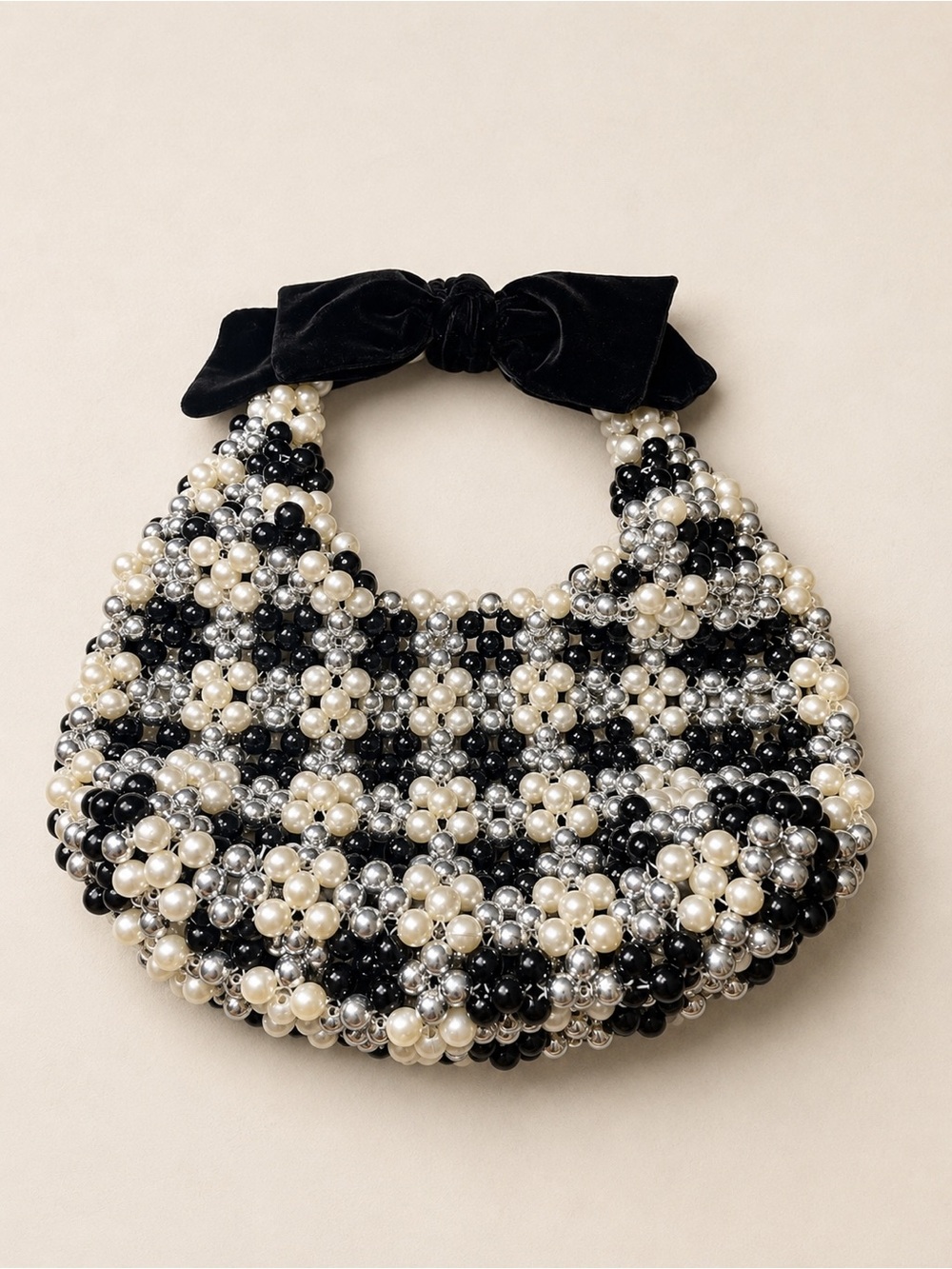 Pearl Beaded Handbag Black Silver Ivory Velvet Bow Evening Bag Purse